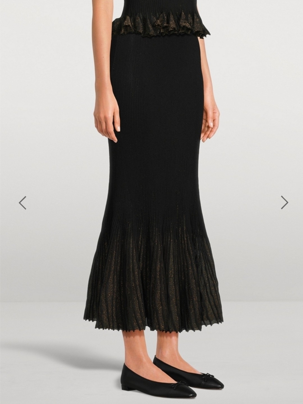 Ulla Johson Black Midi Knit Skirt with Metallic Gold Flare